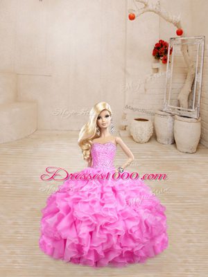 Fantastic Floor Length Lace Up Quinceanera Gown Rose Pink for Sweet 16 and Quinceanera with Beading and Ruffles