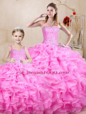 Fantastic Floor Length Lace Up Quinceanera Gown Rose Pink for Sweet 16 and Quinceanera with Beading and Ruffles