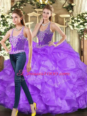 Nice Eggplant Purple and Purple Tulle Lace Up Straps Sleeveless Floor Length Quinceanera Dresses Beading and Ruffles