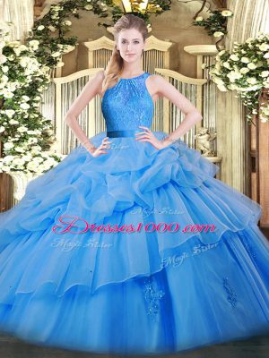 Baby Blue Zipper Quince Ball Gowns Lace and Ruffled Layers Sleeveless Floor Length