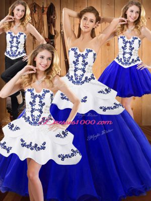Strapless Sleeveless Sweet 16 Dress Floor Length Embroidery Royal Blue Tulle