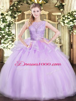 High Quality Lavender Sleeveless Lace Floor Length Ball Gown Prom Dress