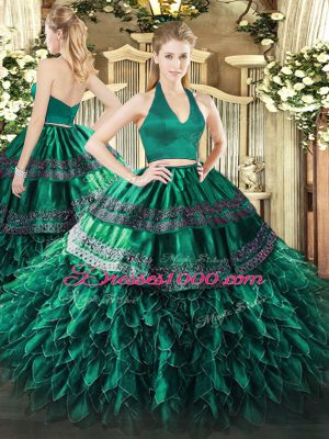 Dynamic Floor Length Zipper Vestidos de Quinceanera Dark Green for Military Ball and Sweet 16 and Quinceanera with Appliques and Ruffles