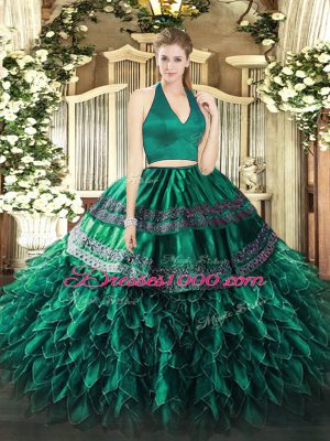 Dynamic Floor Length Zipper Vestidos de Quinceanera Dark Green for Military Ball and Sweet 16 and Quinceanera with Appliques and Ruffles