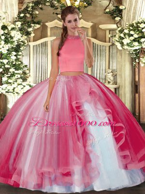 Coral Red Sleeveless Tulle Backless Ball Gown Prom Dress for Military Ball and Sweet 16 and Quinceanera