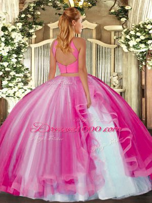 Coral Red Sleeveless Tulle Backless Ball Gown Prom Dress for Military Ball and Sweet 16 and Quinceanera