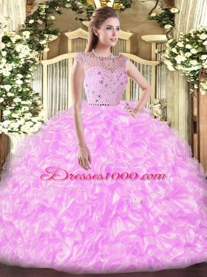 Floor Length Lilac Quinceanera Gown Tulle Sleeveless Beading and Ruffles