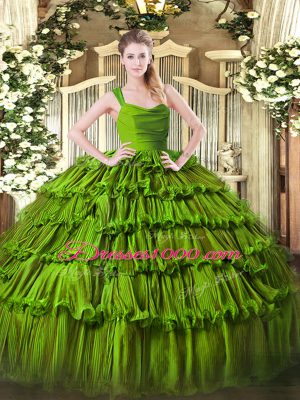 Olive Green Ball Gowns Organza Straps Sleeveless Ruffled Layers Floor Length Zipper Sweet 16 Dresses