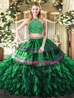 Glamorous Floor Length Ball Gowns Sleeveless Dark Green Quince Ball Gowns Zipper