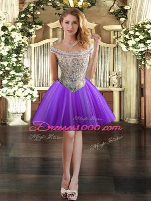 Edgy Off The Shoulder Sleeveless Dress for Prom Mini Length Beading Eggplant Purple Tulle