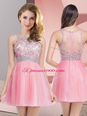 High Quality Sleeveless Mini Length Beading Zipper Evening Dress with Rose Pink