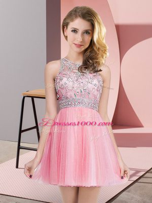 High Quality Sleeveless Mini Length Beading Zipper Evening Dress with Rose Pink