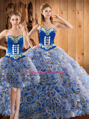 Multi-color Three Pieces Embroidery Sweet 16 Dresses Lace Up Satin and Fabric With Rolling Flowers Sleeveless With Train