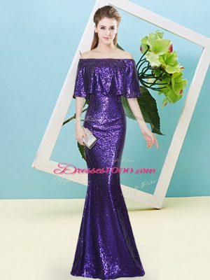 Purple Mermaid Sequined Off The Shoulder Half Sleeves Sequins Floor Length Zipper Dress for Prom