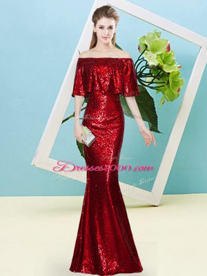 Glamorous Sequined Off The Shoulder Half Sleeves Zipper Sequins Evening Dress in Wine Red