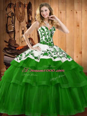 Sexy Sweetheart Sleeveless Quinceanera Gown Sweep Train Embroidery Dark Green Organza
