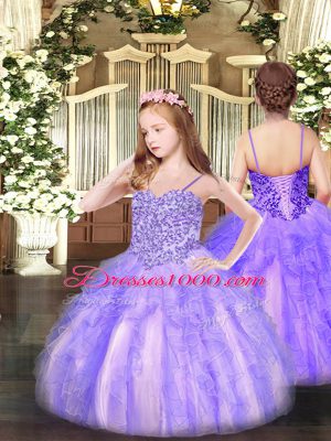 High Quality Ball Gowns Pageant Dress Womens Lavender Spaghetti Straps Organza Sleeveless Floor Length Lace Up