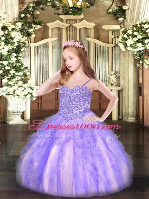 High Quality Ball Gowns Pageant Dress Womens Lavender Spaghetti Straps Organza Sleeveless Floor Length Lace Up