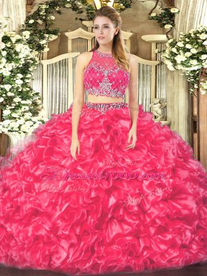 Coral Red Quinceanera Gowns Military Ball and Sweet 16 and Quinceanera with Beading and Ruffles Scoop Sleeveless Zipper