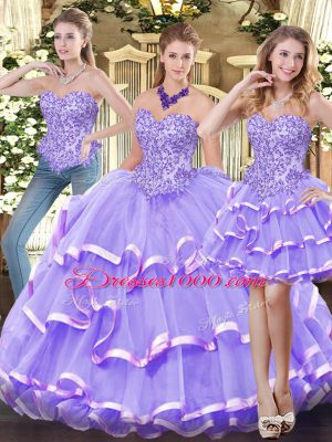 Fitting Lavender Zipper Quinceanera Dress Appliques and Ruffled Layers Sleeveless Floor Length