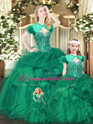 Fitting Green Sweetheart Neckline Beading and Ruffles Quinceanera Dress Sleeveless Lace Up