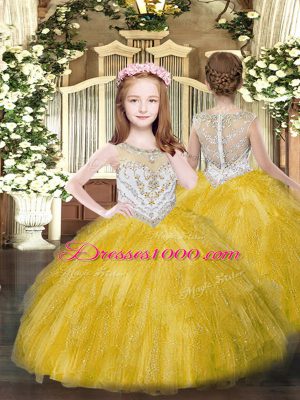 Floor Length Gold Little Girl Pageant Gowns Tulle Sleeveless Beading and Ruffles
