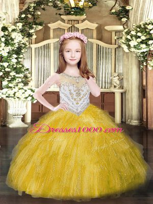 Floor Length Gold Little Girl Pageant Gowns Tulle Sleeveless Beading and Ruffles