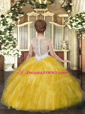 Floor Length Gold Little Girl Pageant Gowns Tulle Sleeveless Beading and Ruffles