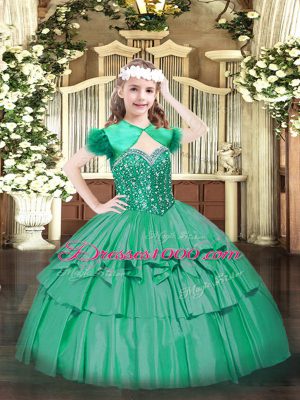 Custom Made Turquoise Lace Up Party Dress Wholesale Beading and Ruffled Layers Sleeveless Floor Length