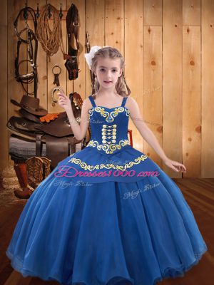 Straps Sleeveless High School Pageant Dress Floor Length Beading and Embroidery and Ruffles Blue Organza