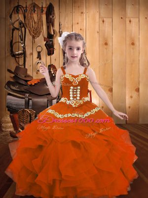 Superior Orange Red Lace Up Little Girl Pageant Dress Embroidery and Ruffles Sleeveless Floor Length