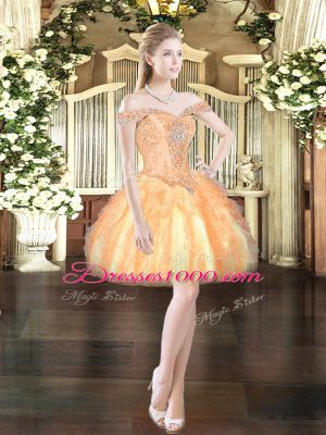 Elegant Orange Red Lace Up Off The Shoulder Beading and Ruffles Prom Dress Tulle Sleeveless