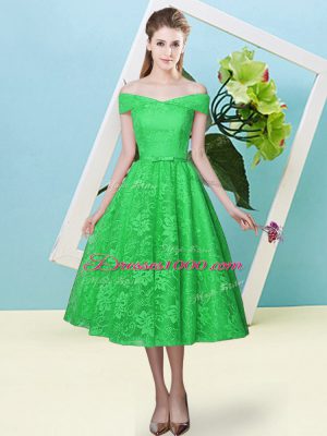 Fitting Green Lace Lace Up Off The Shoulder Cap Sleeves Tea Length Bridesmaids Dress Bowknot