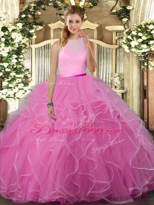 Hot Sale Rose Pink Quinceanera Dresses Sweet 16 and Quinceanera with Beading and Ruffles Scoop Sleeveless Backless