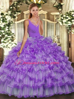 Sleeveless Organza Floor Length Backless Sweet 16 Dresses in Lavender with Ruffled Layers