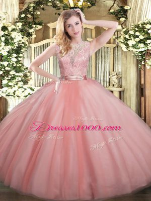 Baby Pink Tulle Backless Scoop Sleeveless Floor Length Sweet 16 Dresses Lace