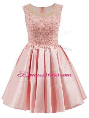 Baby Pink Satin Zipper Scoop Sleeveless Mini Length Bridesmaids Dress Lace