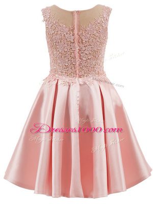 Baby Pink Satin Zipper Scoop Sleeveless Mini Length Bridesmaids Dress Lace