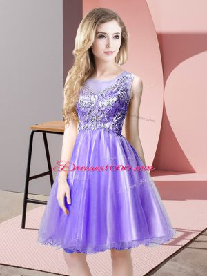 Fantastic Lavender A-line Scoop Sleeveless Tulle Knee Length Zipper Beading Dress for Prom