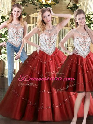 Tulle Scoop Sleeveless Zipper Beading Quince Ball Gowns in Wine Red