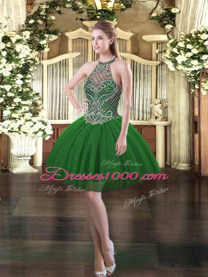 Modest Halter Top Sleeveless Lace Up Dress for Prom Dark Green Tulle