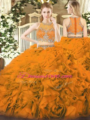 Fantastic Orange Red Sleeveless Fabric With Rolling Flowers Zipper Quinceanera Gown for Military Ball and Sweet 16 and Quinceanera