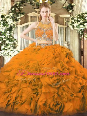 Fantastic Orange Red Sleeveless Fabric With Rolling Flowers Zipper Quinceanera Gown for Military Ball and Sweet 16 and Quinceanera