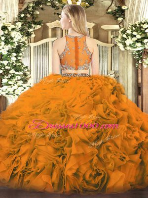 Fantastic Orange Red Sleeveless Fabric With Rolling Flowers Zipper Quinceanera Gown for Military Ball and Sweet 16 and Quinceanera