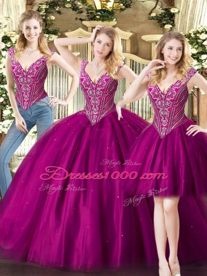 Pretty Fuchsia Sleeveless Floor Length Beading Lace Up Quinceanera Gowns