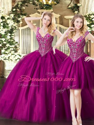 Pretty Fuchsia Sleeveless Floor Length Beading Lace Up Quinceanera Gowns