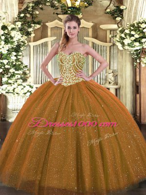 Brown Lace Up Quince Ball Gowns Beading Sleeveless Floor Length
