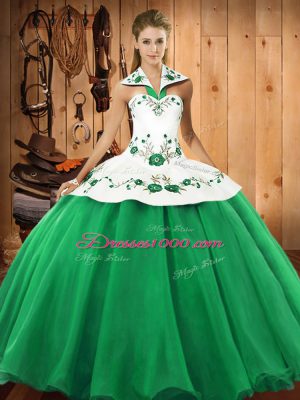 Halter Top Sleeveless Quinceanera Gowns Floor Length Embroidery Green Satin and Tulle