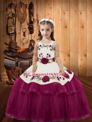 Fuchsia Organza Lace Up Custom Made Pageant Dress Sleeveless Floor Length Embroidery and Ruffled Layers