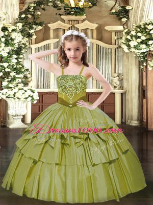 Charming Floor Length Lace Up Little Girls Pageant Dress Wholesale Olive Green for Party and Quinceanera with Beading and Ruffled Layers